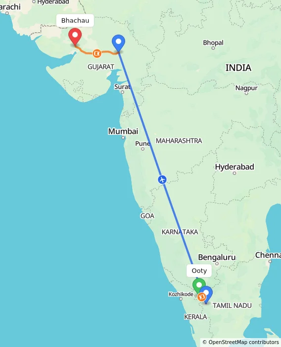 Route map showing distance and travel time from Ooty, India to Bhachau, India