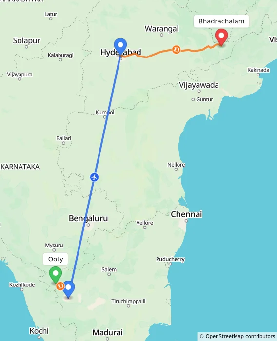 Route map showing distance and travel time from Ooty, India to Bhadrachalam, India