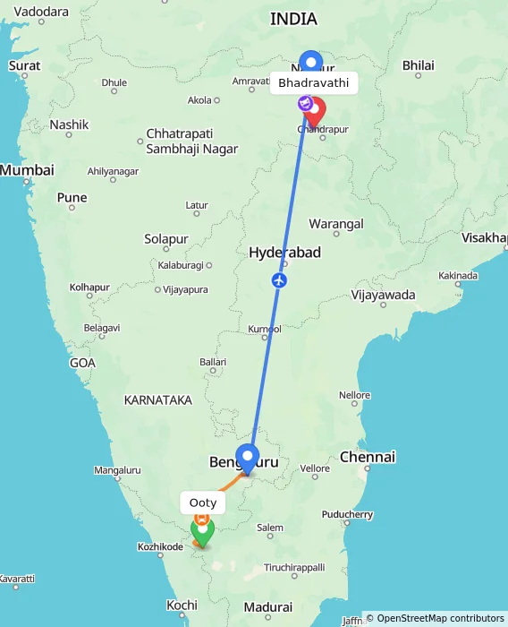 Route map showing distance and travel time from Ooty, India to Bhadravathi, India