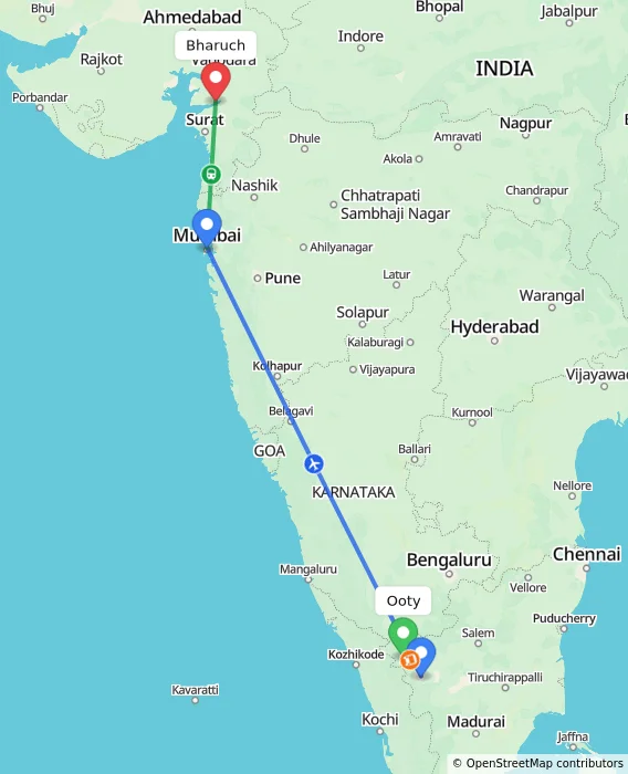 Route map showing distance and travel time from Ooty, India to Bharuch, India