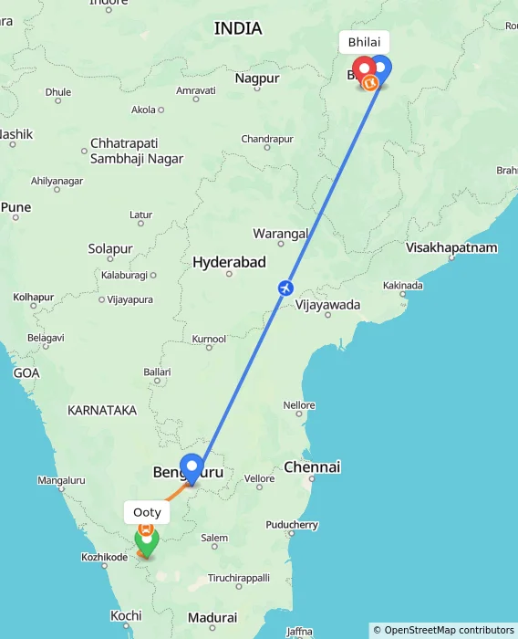 Route map showing distance and travel time from Ooty, India to Bhilai, India