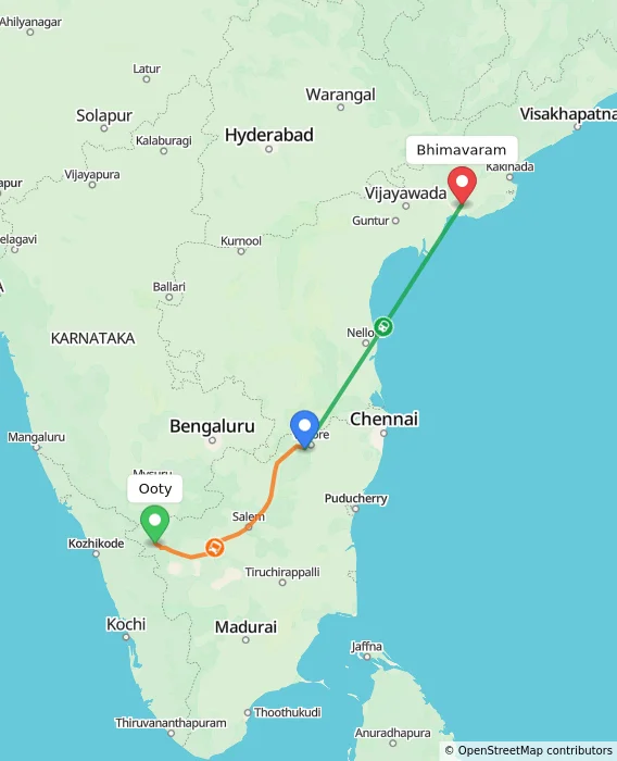 Route map showing distance and travel time from Ooty, India to Bhimavaram, India