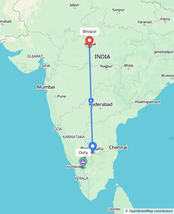 Route map showing distance and travel time from Ooty, India to Bhopal, India
