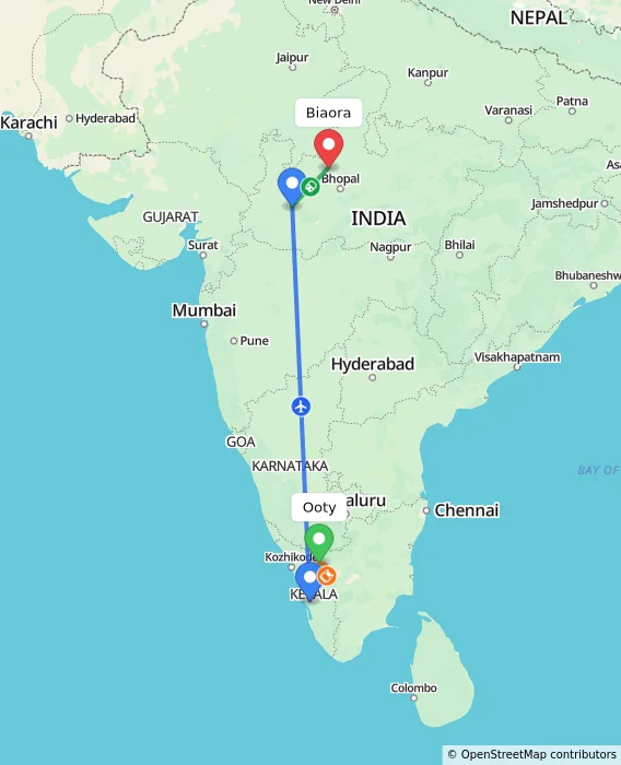 Route map showing distance and travel time from Ooty, India to Biaora, India