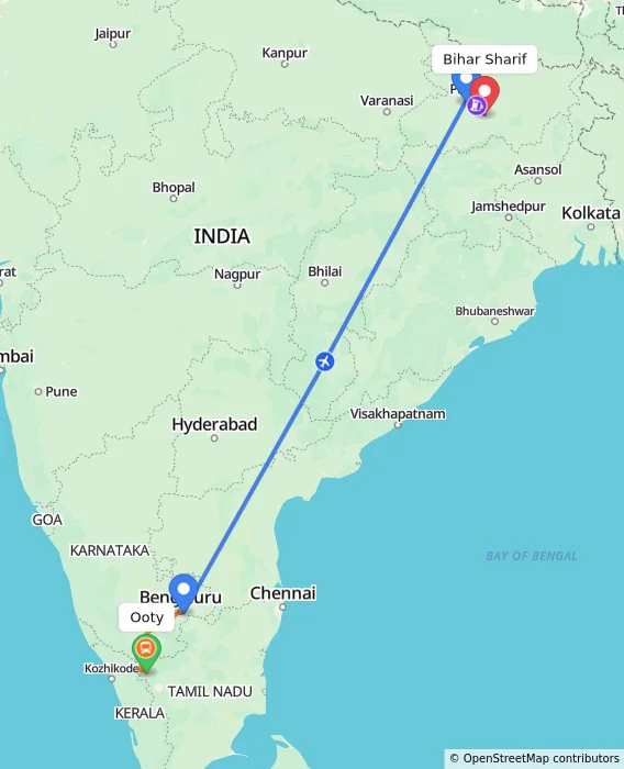 Route map showing distance and travel time from Ooty, India to Bihar Sharif, India