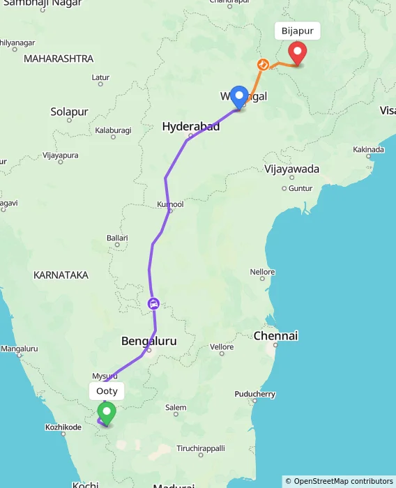 Route map showing distance and travel time from Ooty, India to Bijapur, India