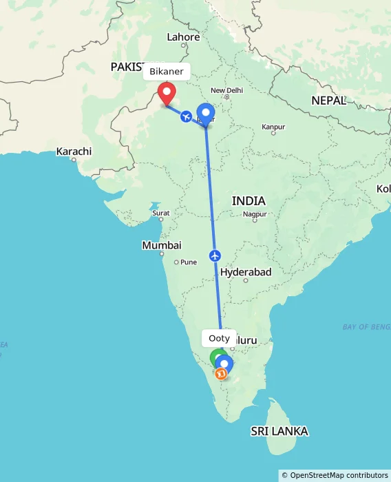 Route map showing distance and travel time from Ooty, India to Bikaner, India