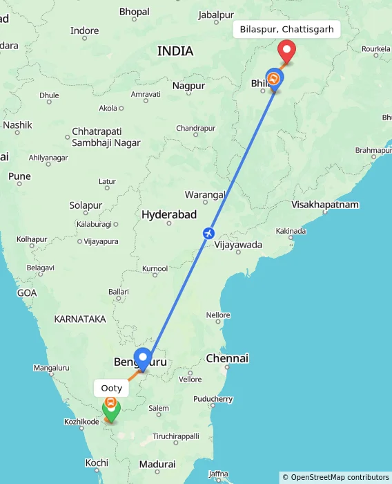 Route map showing distance and travel time from Ooty, India to Bilaspur, Chattisgarh, India