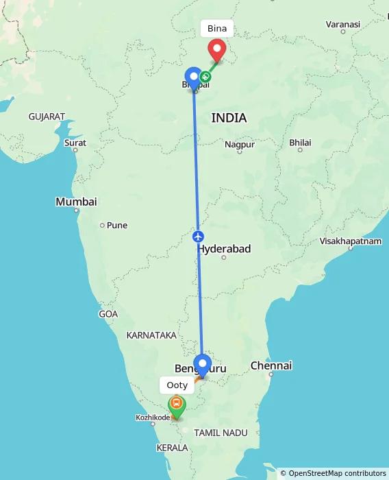 Route map showing distance and travel time from Ooty, India to Bina, India