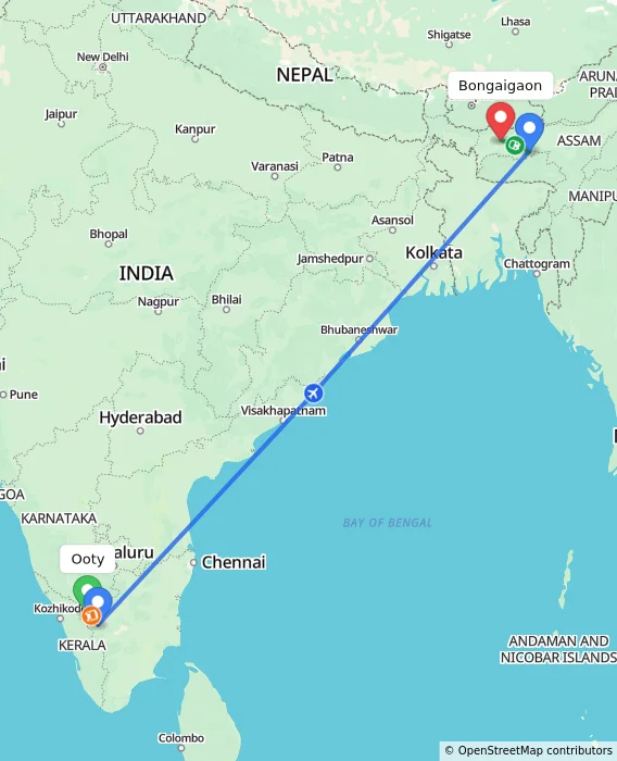 Route map showing distance and travel time from Ooty, India to Bongaigaon, India