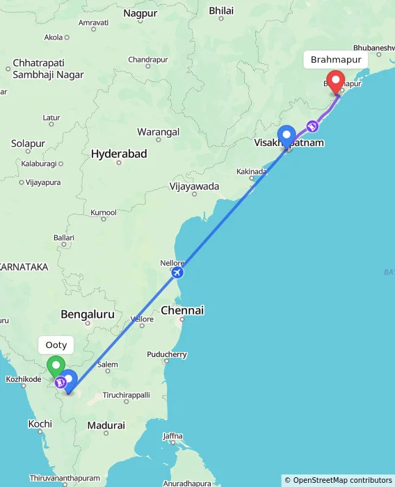 Route map showing distance and travel time from Ooty, India to Brahmapur, India