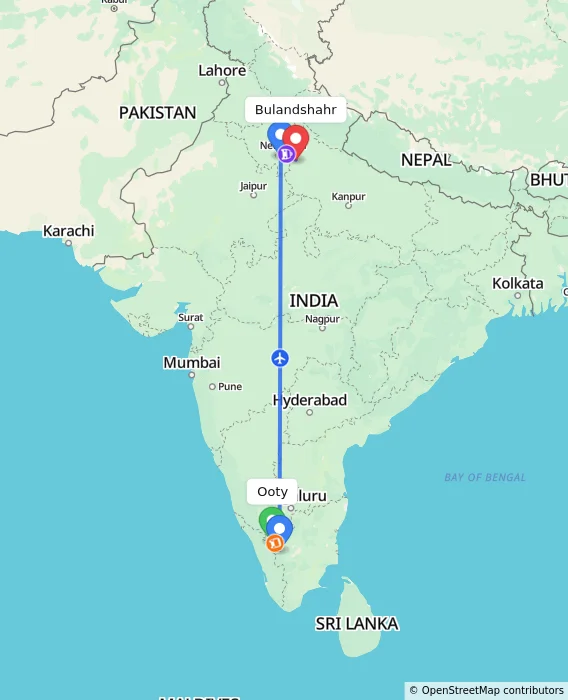 Route map showing distance and travel time from Ooty, India to Bulandshahr, India