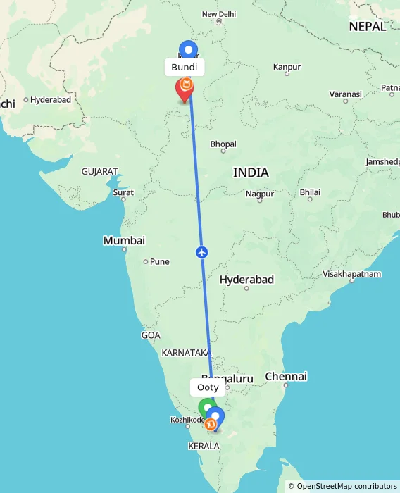 Route map showing distance and travel time from Ooty, India to Bundi, India