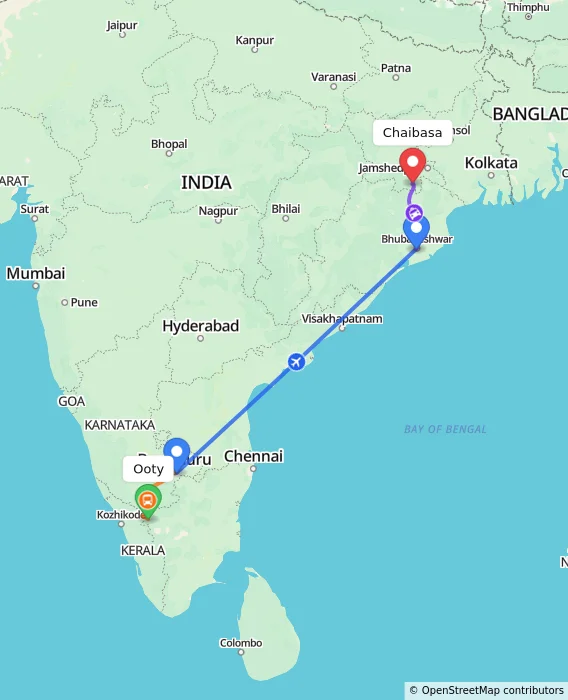 Route map showing distance and travel time from Ooty, India to Chaibasa, India