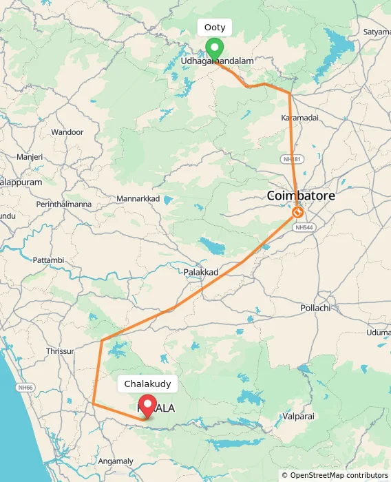 Route map showing distance and travel time from Ooty, India to Chalakudy, India