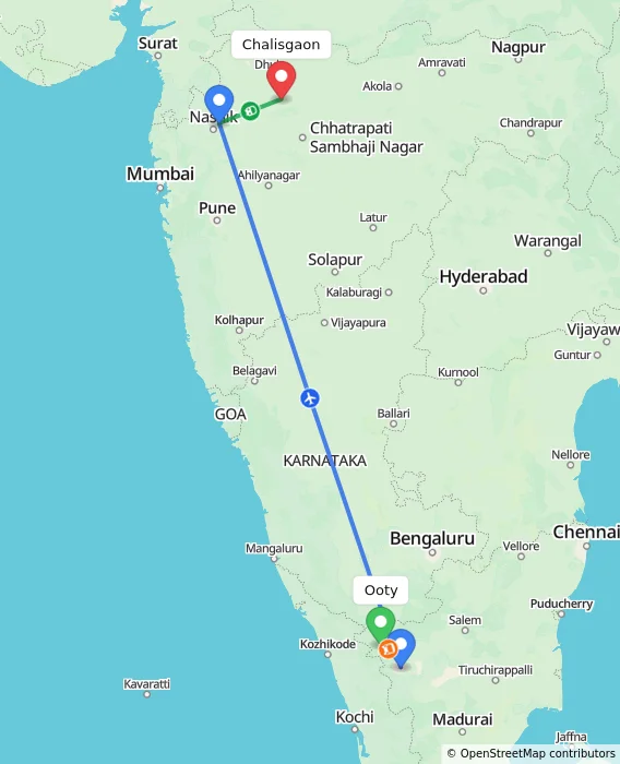 Route map showing distance and travel time from Ooty, India to Chalisgaon, India