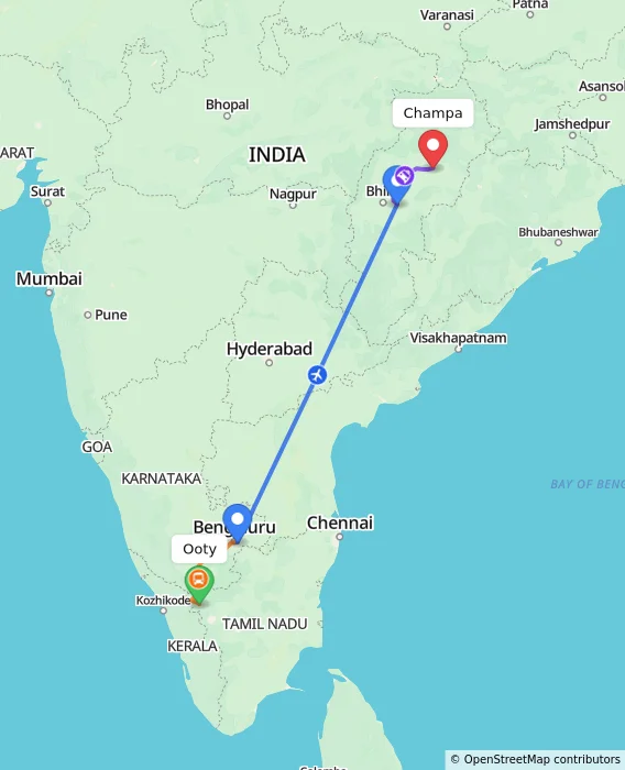 Route map showing distance and travel time from Ooty, India to Champa, India