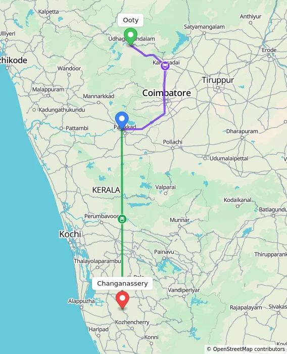 Route map showing distance and travel time from Ooty, India to Changanassery, India