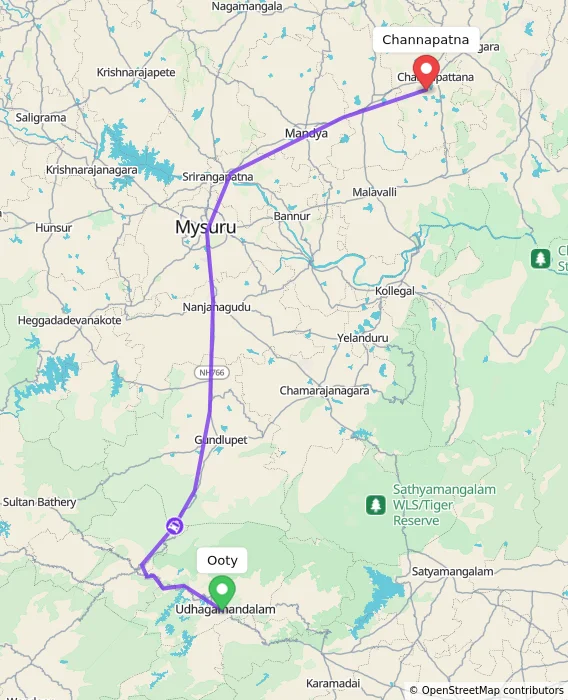 Route map showing distance and travel time from Ooty, India to Channapatna, India