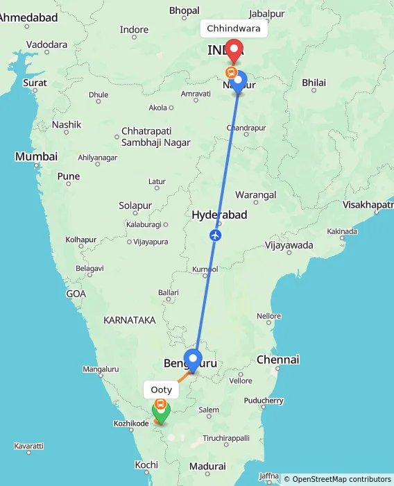 Route map showing distance and travel time from Ooty, India to Chhindwara, India