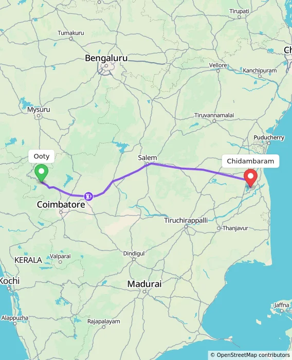 Route map showing distance and travel time from Ooty, India to Chidambaram, India