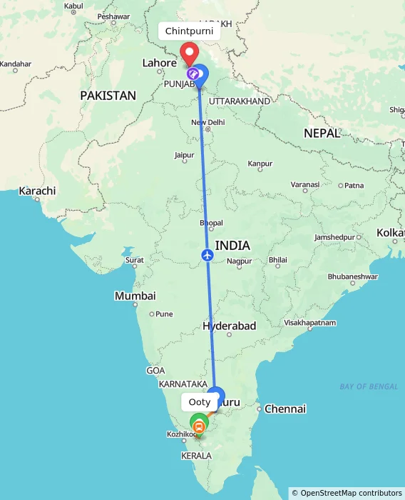 Route map showing distance and travel time from Ooty, India to Chintpurni, India