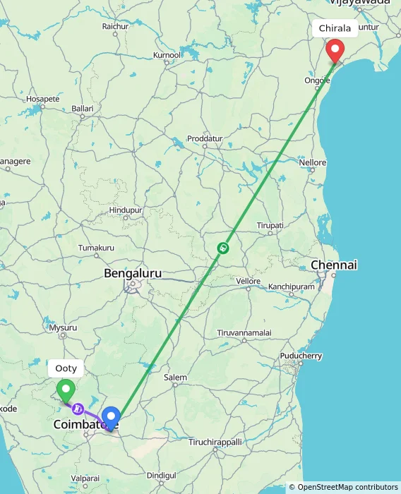 Route map showing distance and travel time from Ooty, India to Chirala, India