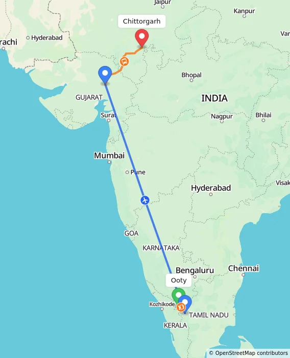Route map showing distance and travel time from Ooty, India to Chittorgarh, India