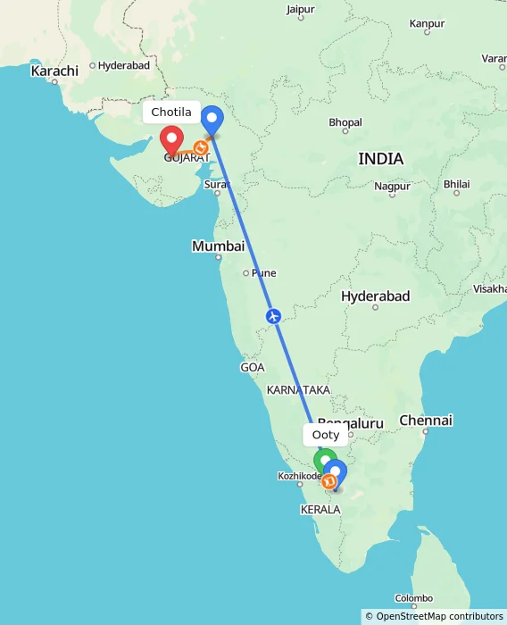 Route map showing distance and travel time from Ooty, India to Chotila, India