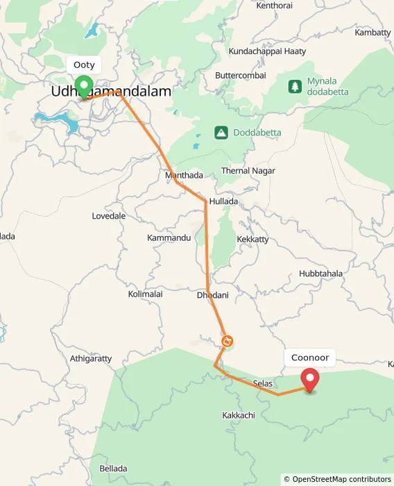 Route map showing distance and travel time from Ooty, India to Coonoor, India