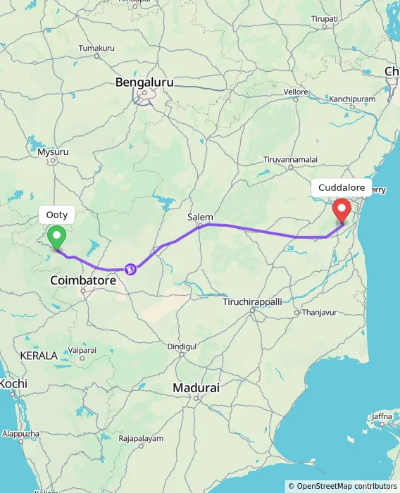 Route map showing distance and travel time from Ooty, India to Cuddalore, India