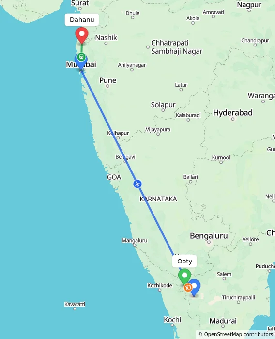Route map showing distance and travel time from Ooty, India to Dahanu, India