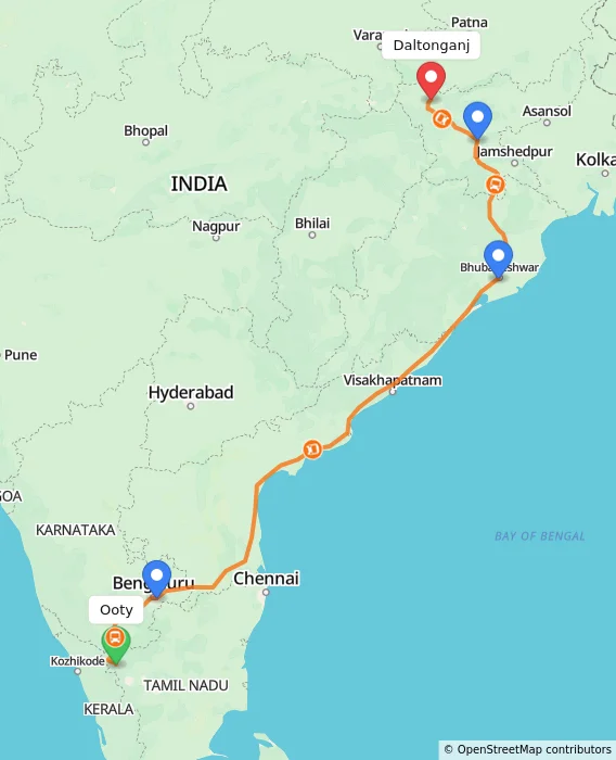 Route map showing distance and travel time from Ooty, India to Daltonganj, India
