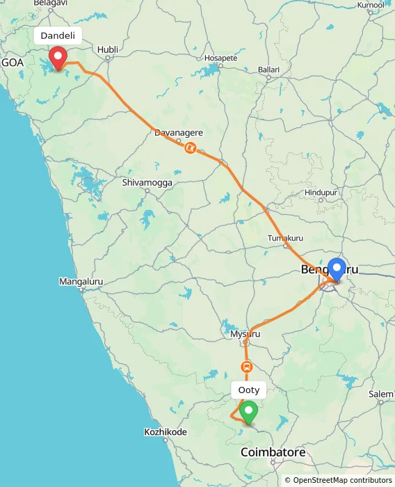 Route map showing distance and travel time from Ooty, India to Dandeli, India