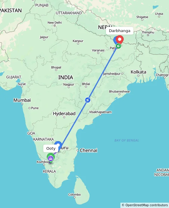Route map showing distance and travel time from Ooty, India to Darbhanga, India
