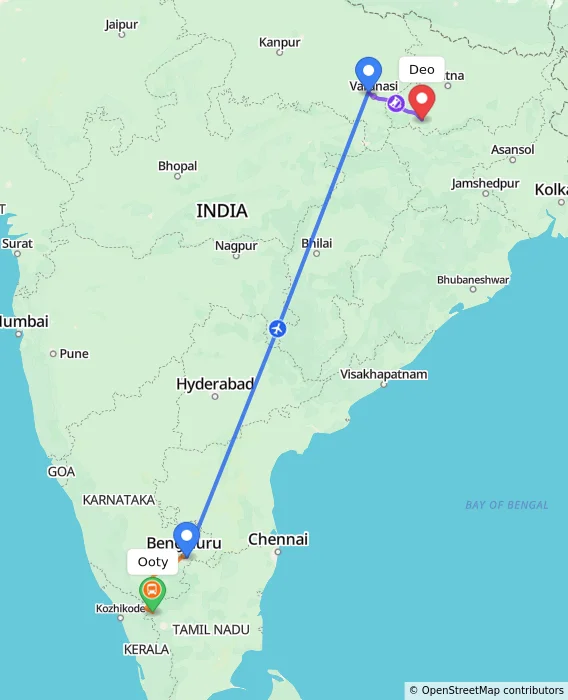Route map showing distance and travel time from Ooty, India to Deo, India