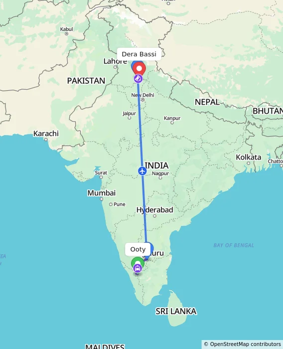 Route map showing distance and travel time from Ooty, India to Dera Bassi, India