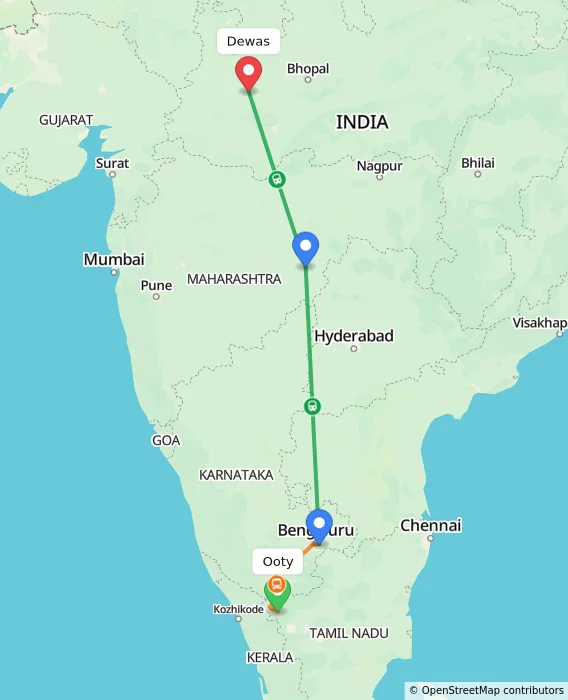 Route map showing distance and travel time from Ooty, India to Dewas, India