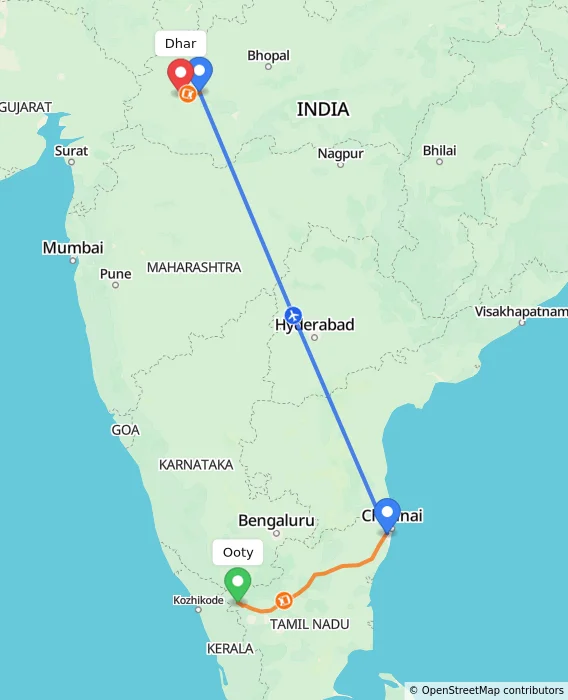 Route map showing distance and travel time from Ooty, India to Dhar, India