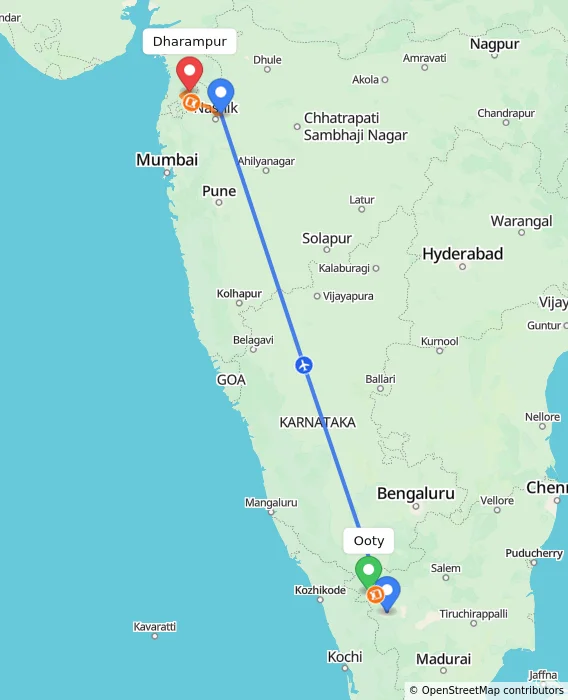 Route map showing distance and travel time from Ooty, India to Dharampur, India