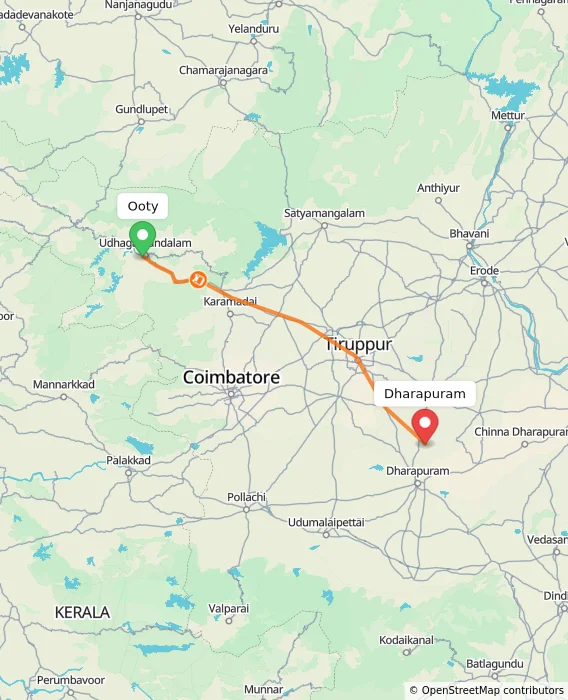 Route map showing distance and travel time from Ooty, India to Dharapuram, India