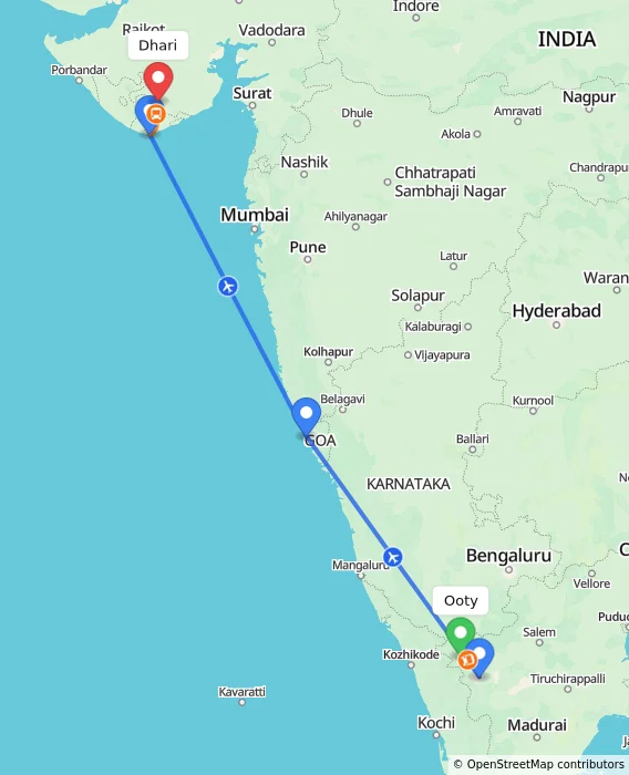 Route map showing distance and travel time from Ooty, India to Dhari, India