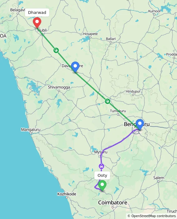 Route map showing distance and travel time from Ooty, India to Dharwad, India