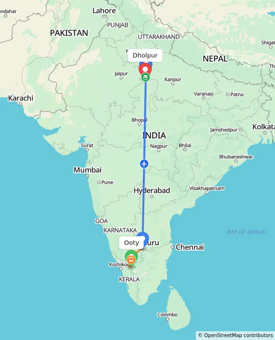 Route map showing distance and travel time from Ooty, India to Dholpur, India