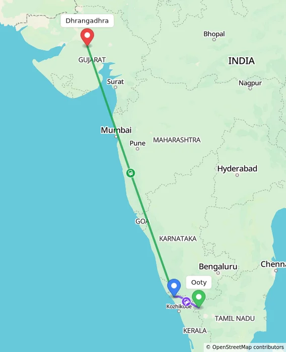 Route map showing distance and travel time from Ooty, India to Dhrangadhra, India