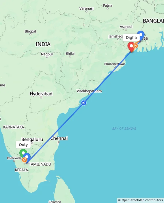 Route map showing distance and travel time from Ooty, India to Digha, India