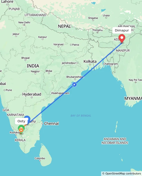 Route map showing distance and travel time from Ooty, India to Dimapur, India