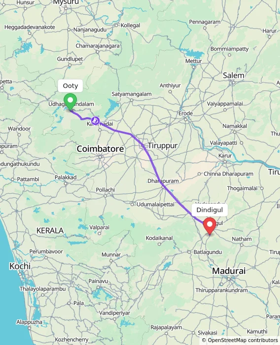 Route map showing distance and travel time from Ooty, India to Dindigul, India