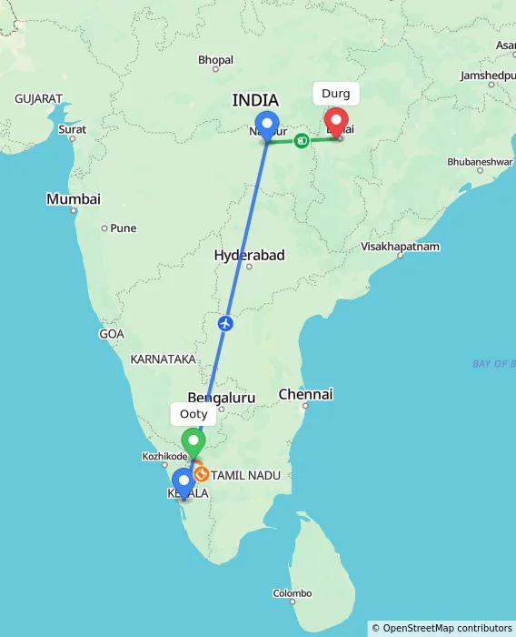 Route map showing distance and travel time from Ooty, India to Durg, India