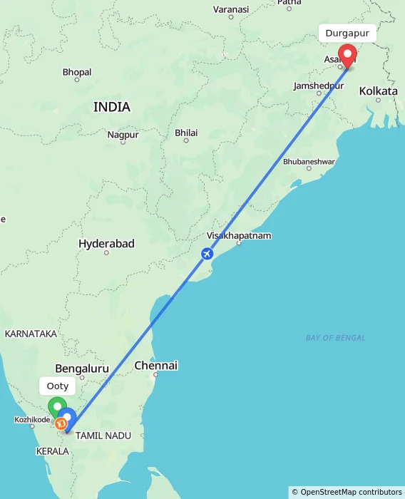 Route map showing distance and travel time from Ooty, India to Durgapur, India